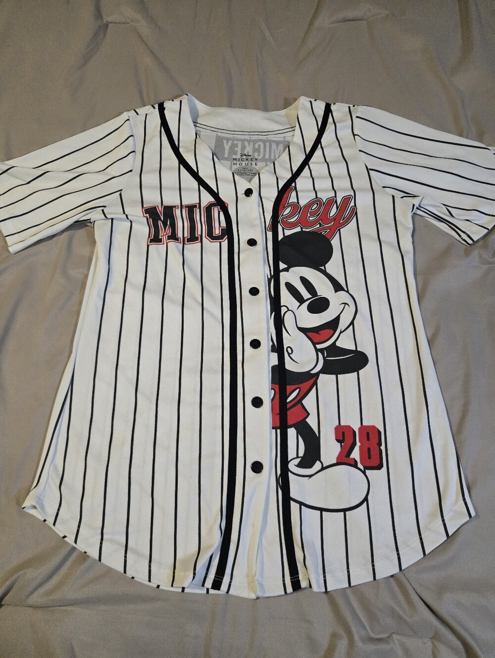 Disney Mickey Mouse Baseball Jersey Women’s L 12/14 Pinstripe Button Front